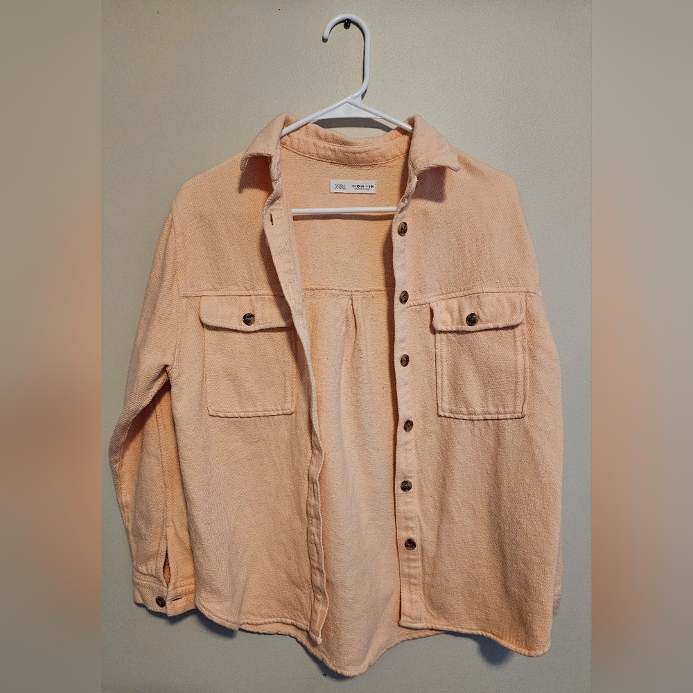 Zara Peach Button-Up Shirt Jacket, Size 13-14